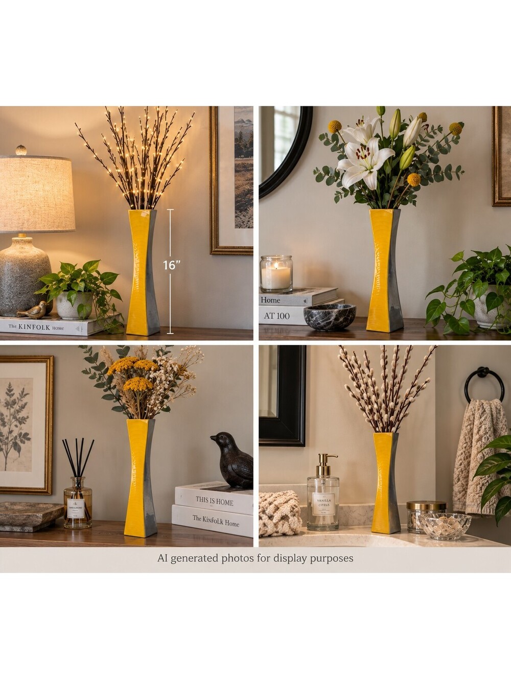Modern 14.5" Twist Vase - Polished Aluminum & Yellow Enamel